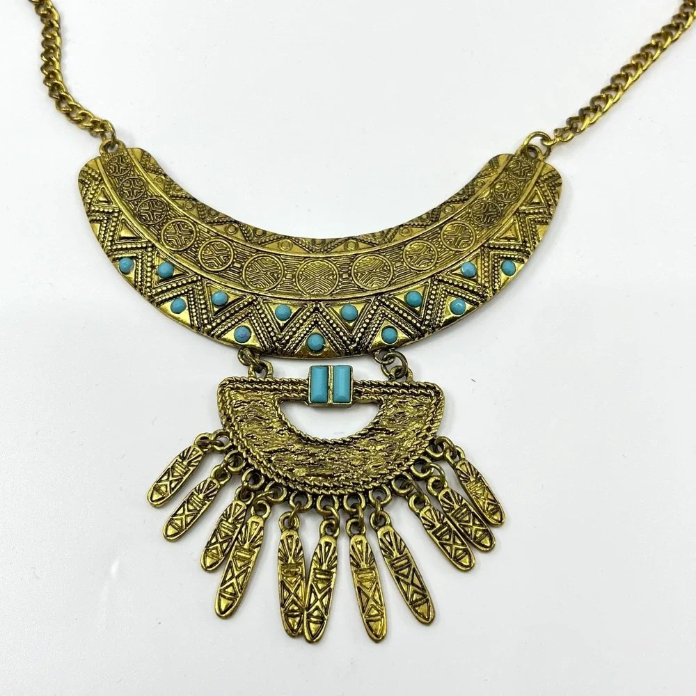VTG Retro Antique Gold Tone Bib Statement Necklace Boho Turquoise‎ Color Accents